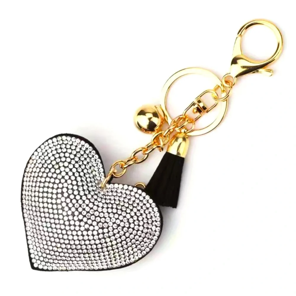 Heart Rhinestones Keychain Black Faux Suede Bag Gold Tone Hardware Valentines